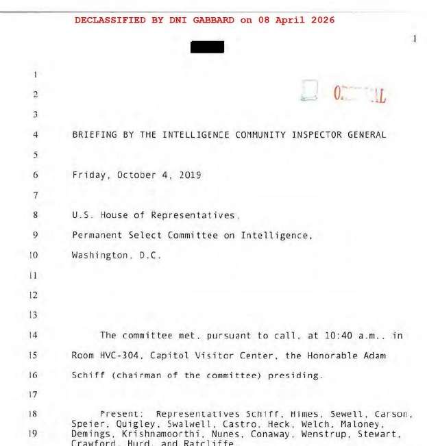 Declassified transcript of the October 4, 2019 HPSCI briefing by the Intelligence Community Inspector General, chaired by Adam Schiff
