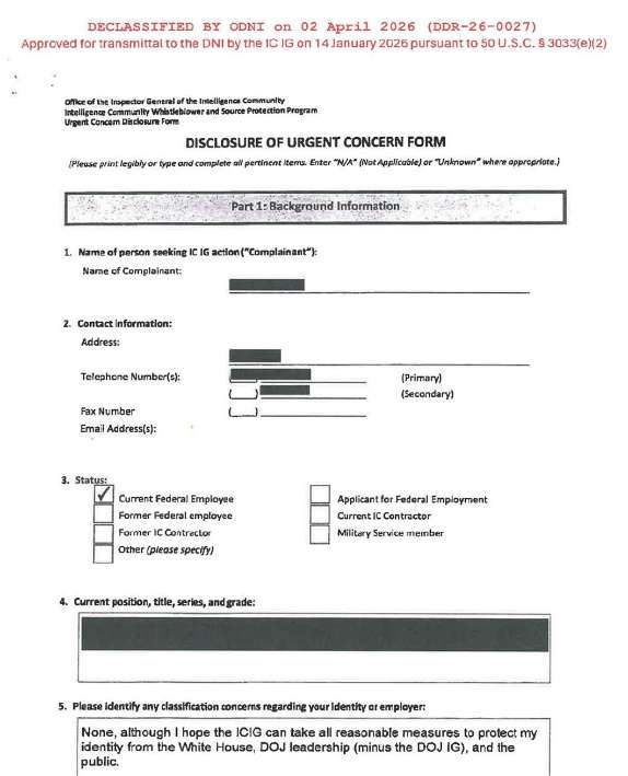 Declassified ODNI Disclosure of Urgent Concern Form — the 2019 whistleblower complaint used to launch Trump's first impeachment
