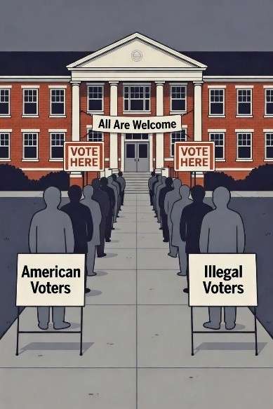 Polling place with one line labeled American Voters and another labeled Illegal Voters under an All Are Welcome banner